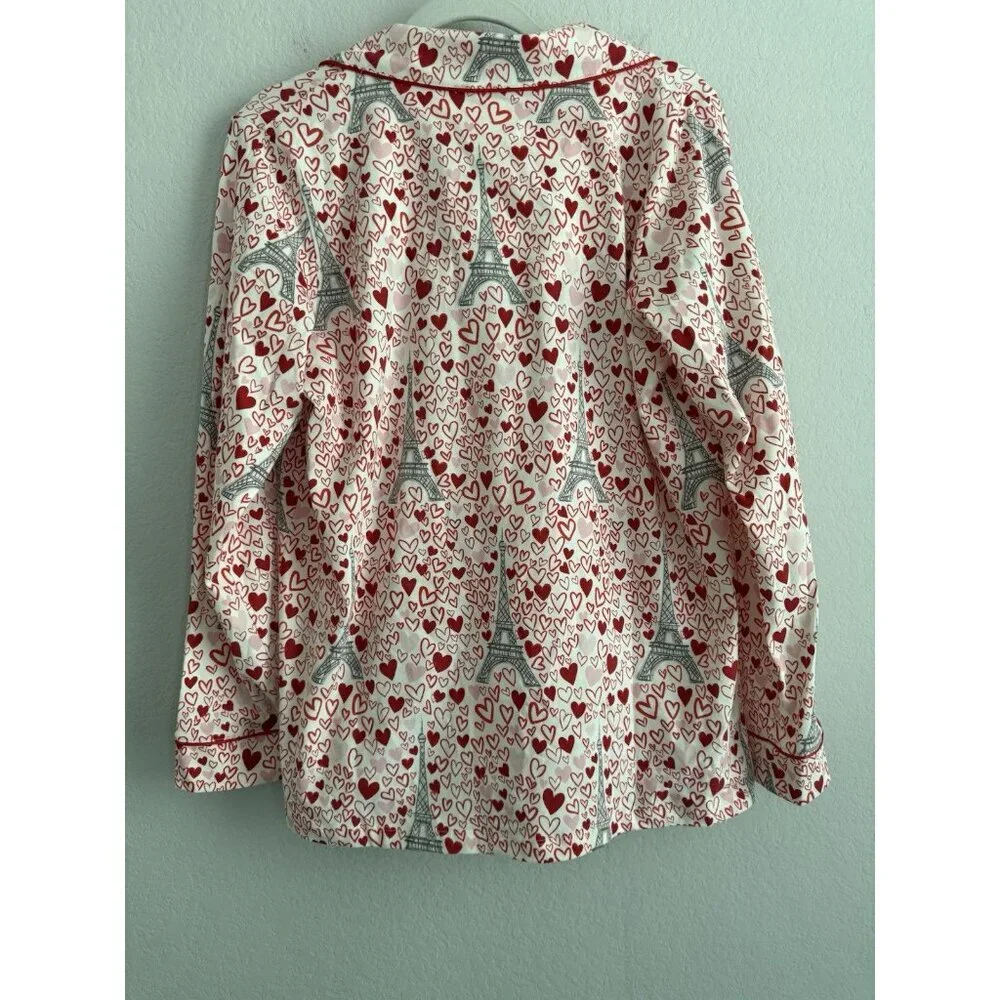 BedHead Women's Long Sleeve Button Down Pajama Top Heart Eiffel Notch Size M NEW